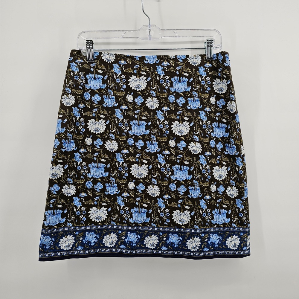 Talbots A-Line Skirt Womens 4 Brown Blue Floral Cotton Stretch Lined Side Zip